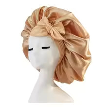 Bonnet soyeux de nuit en satin or avec nœud  pour protéger les cheveux