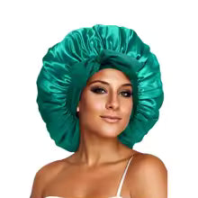 Bonnet soyeux de nuit en satin vert avec nœud  pour protéger les cheveux