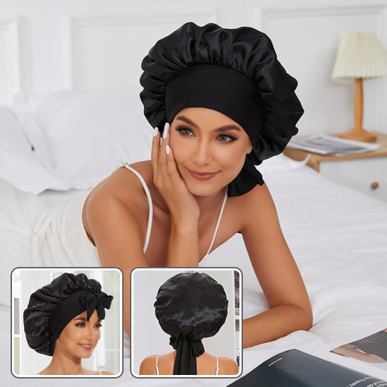 Bonnet noir en satin avec bande longue pouvant faire un jolie nœud