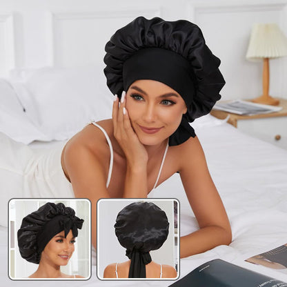 Bonnet noir en satin avec bande longue pouvant faire un jolie nœud